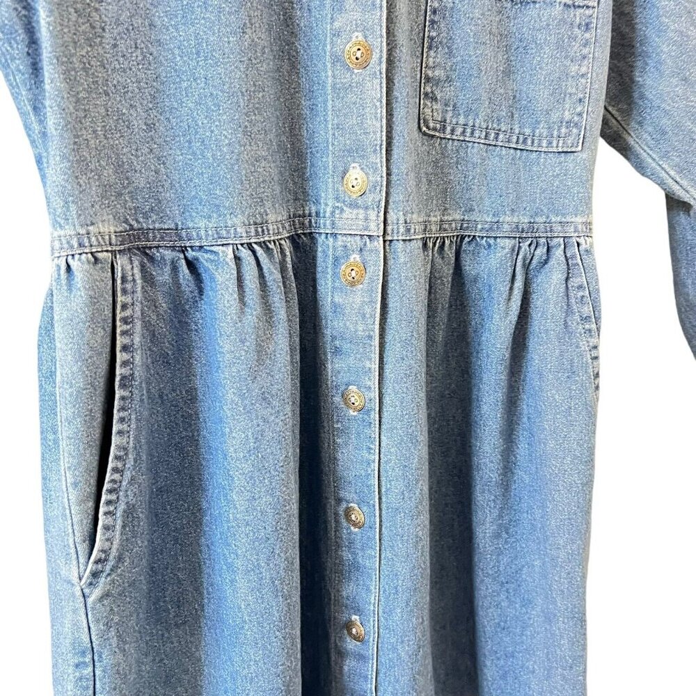 Vintage Elements Spiegel Blue Denim Dress Sz 2P Black Velvet Trim Cotton USA L/S - Picture 10 of 13
